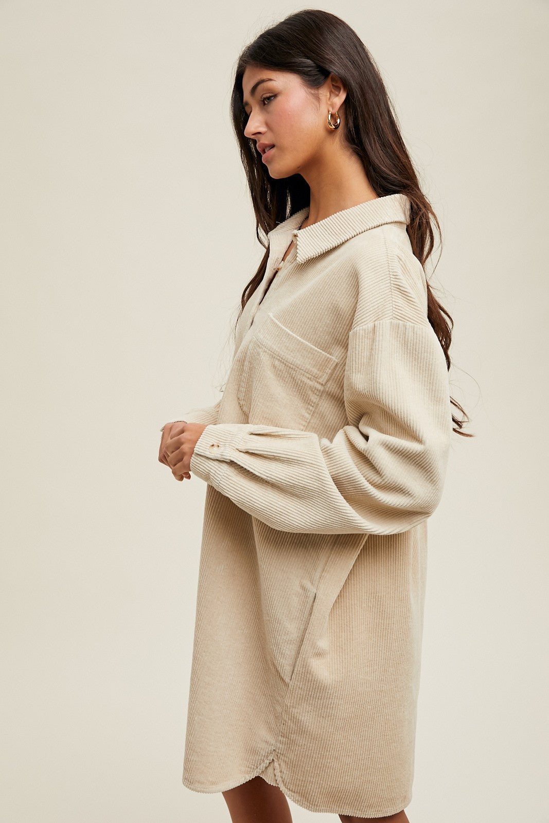 Beige Corduroy Shirt Mini Dress