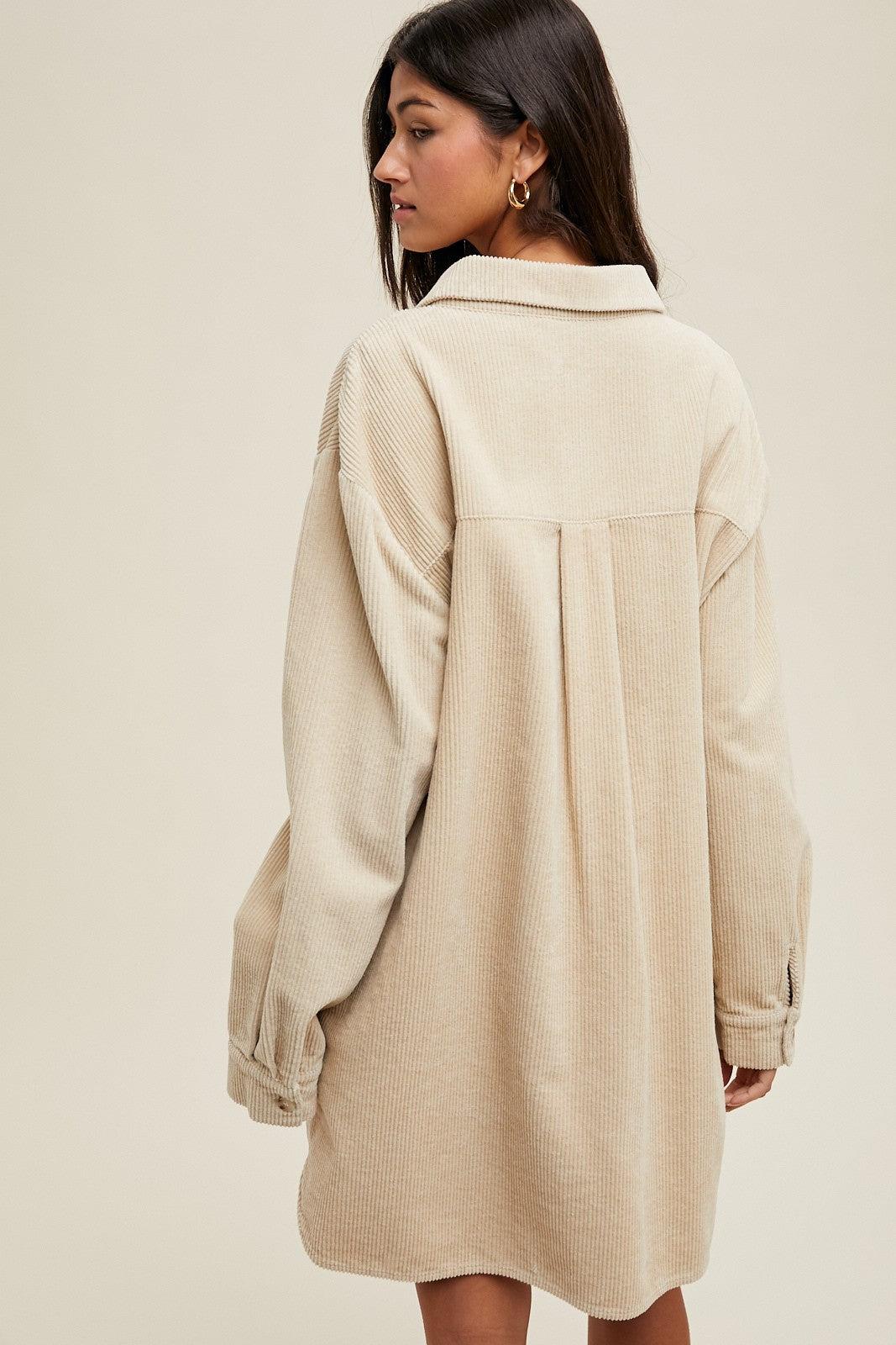 Beige Corduroy Shirt Mini Dress
