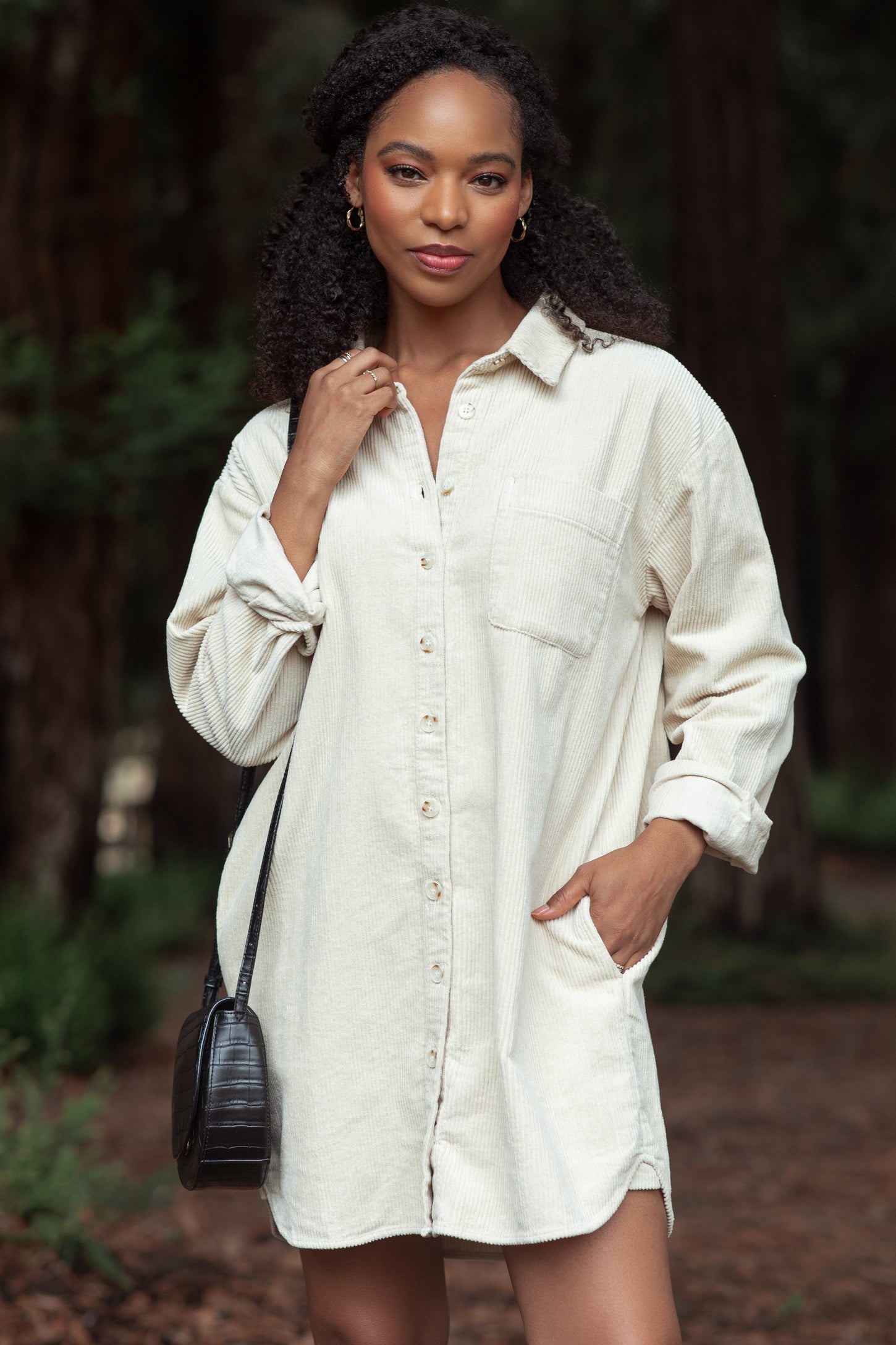 Beige Corduroy Maternity Shirt Mini Dress