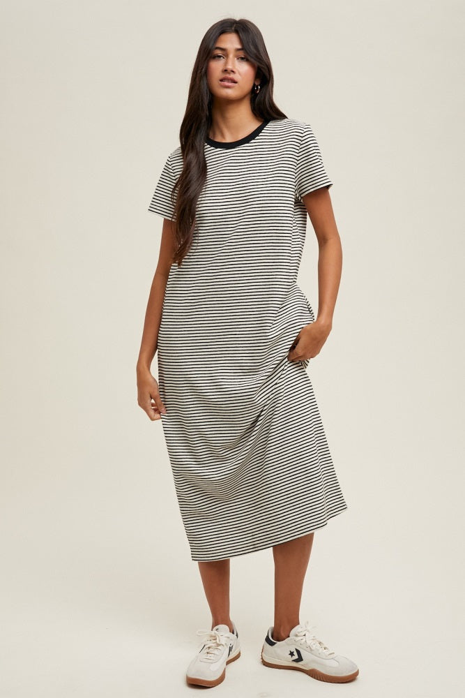 Black Striped Short Sleeve Midi T-Shirt Dress