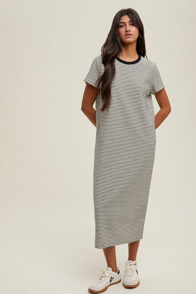 Black Striped Short Sleeve Midi T-Shirt Dress