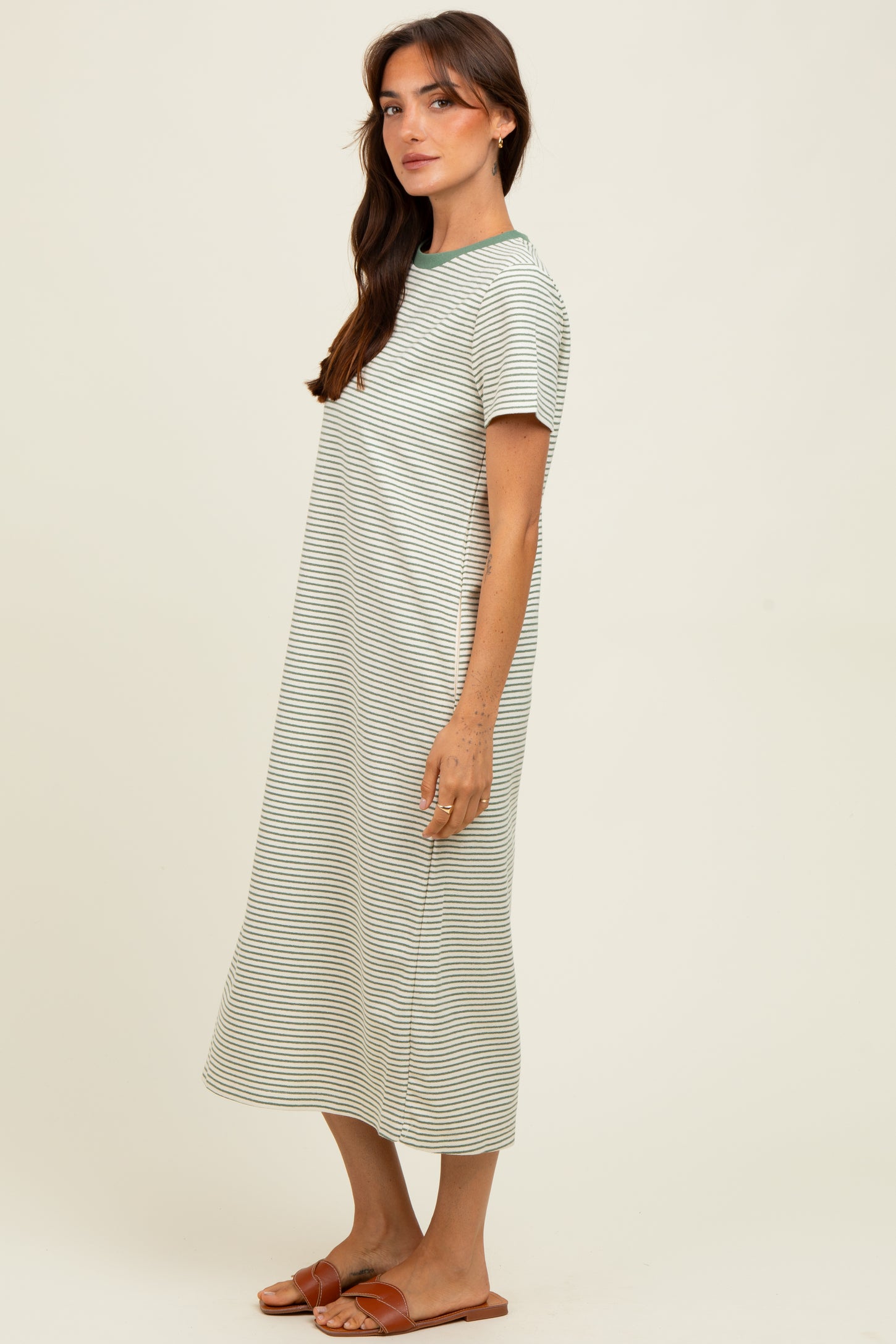 Olive Striped Short Sleeve Midi T-Shirt Dress