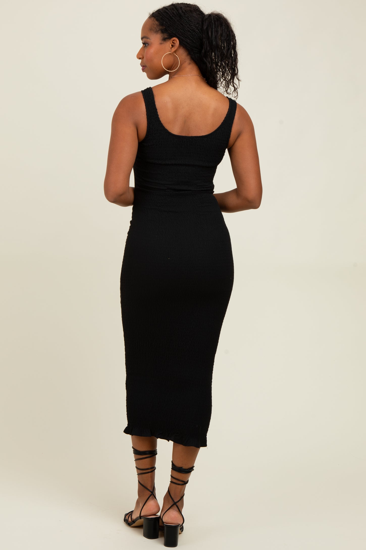 Black Smocked Sleeveless Ruffle Hem Fitted Dress