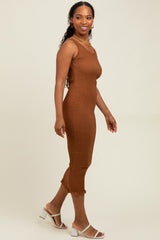 Mocha Smocked Sleeveless Ruffle Hem Fitted Dress