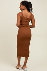 Mocha Smocked Sleeveless Ruffle Hem Fitted Dress