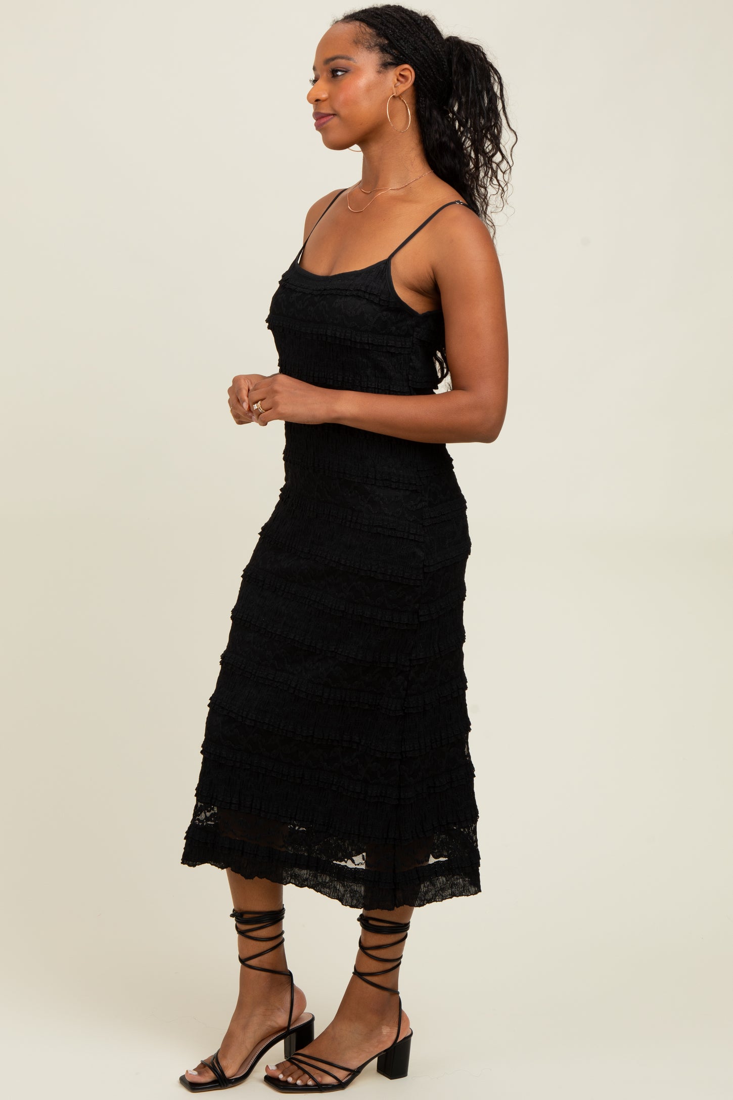 Black Lace Ruffle Trim Tiered Midi Dress