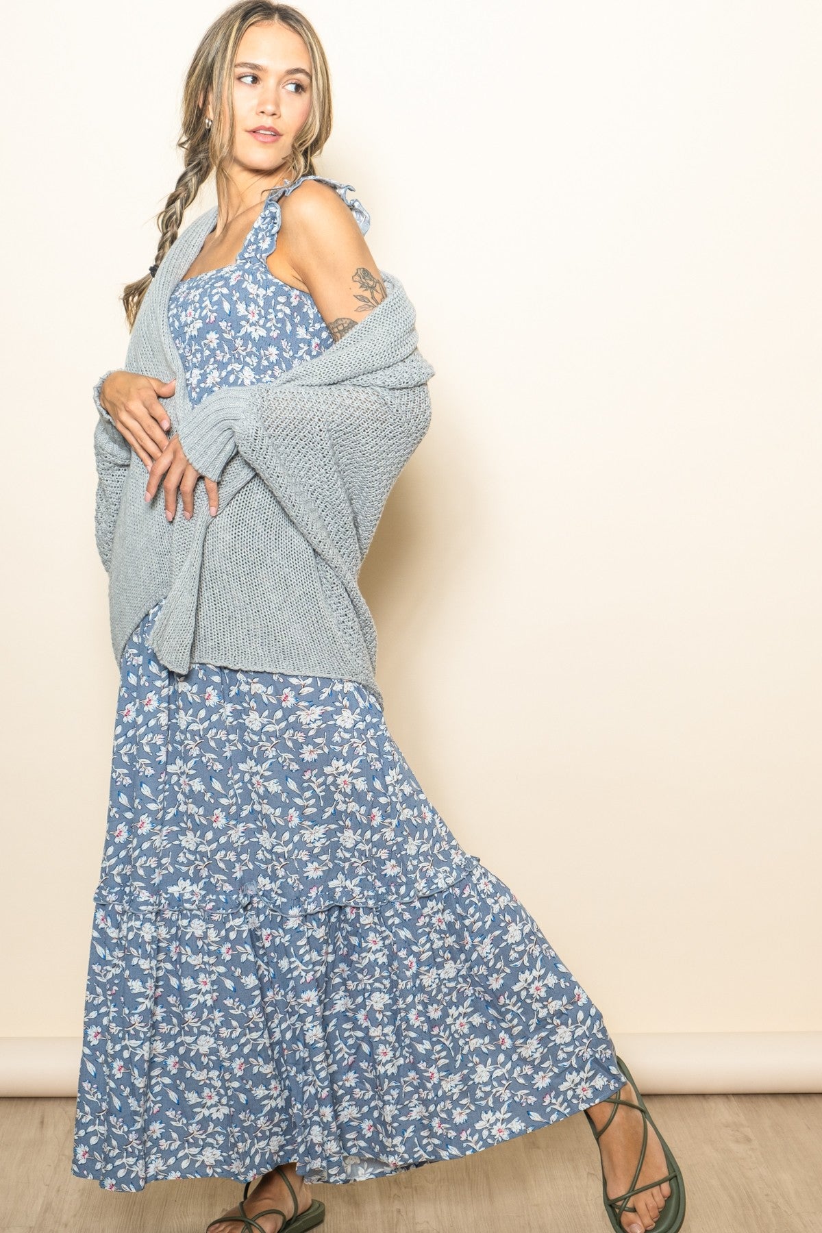 Blue Floral Smocked Ruffle Accent Maxi Dress