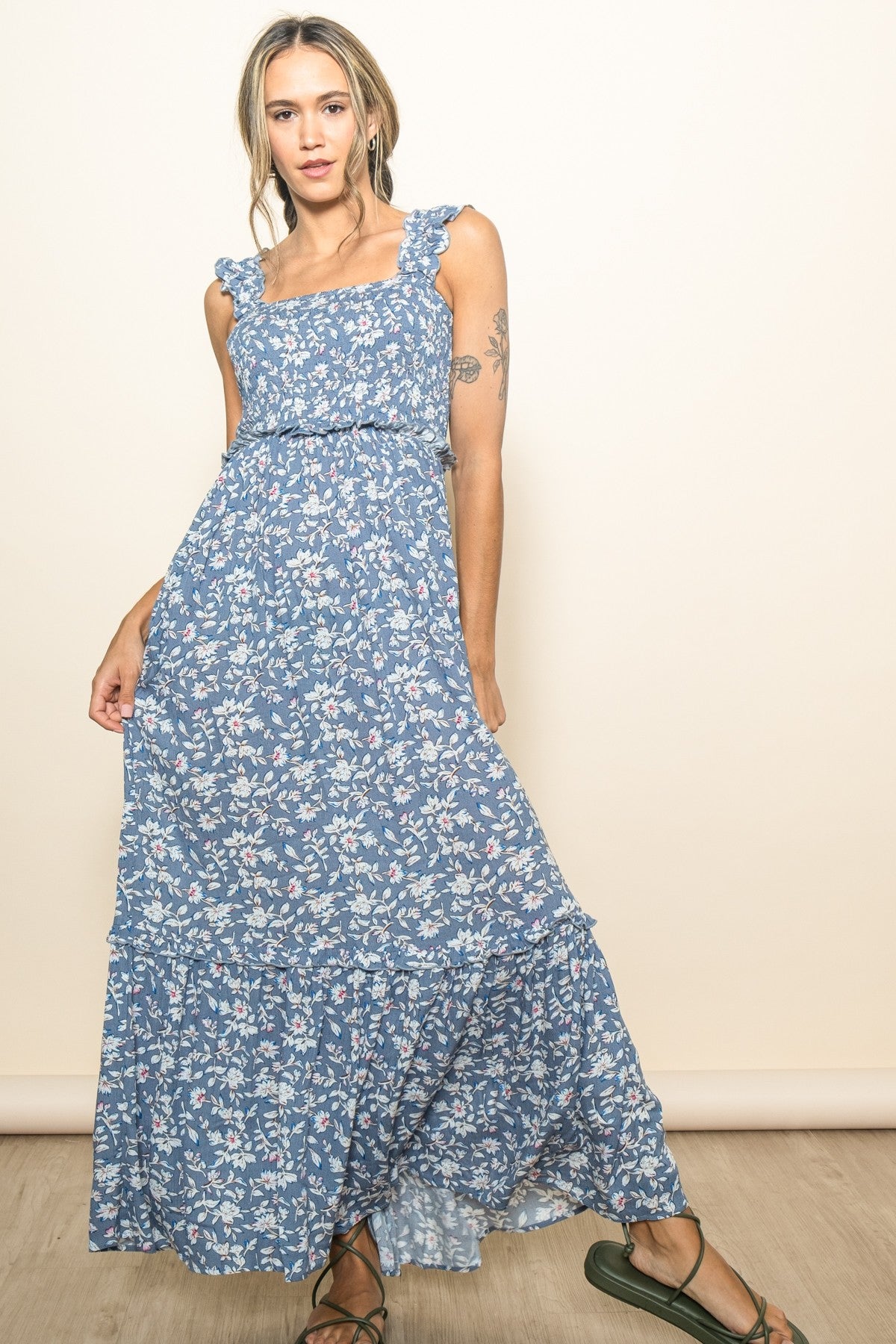 Blue Floral Smocked Ruffle Accent Maxi Dress