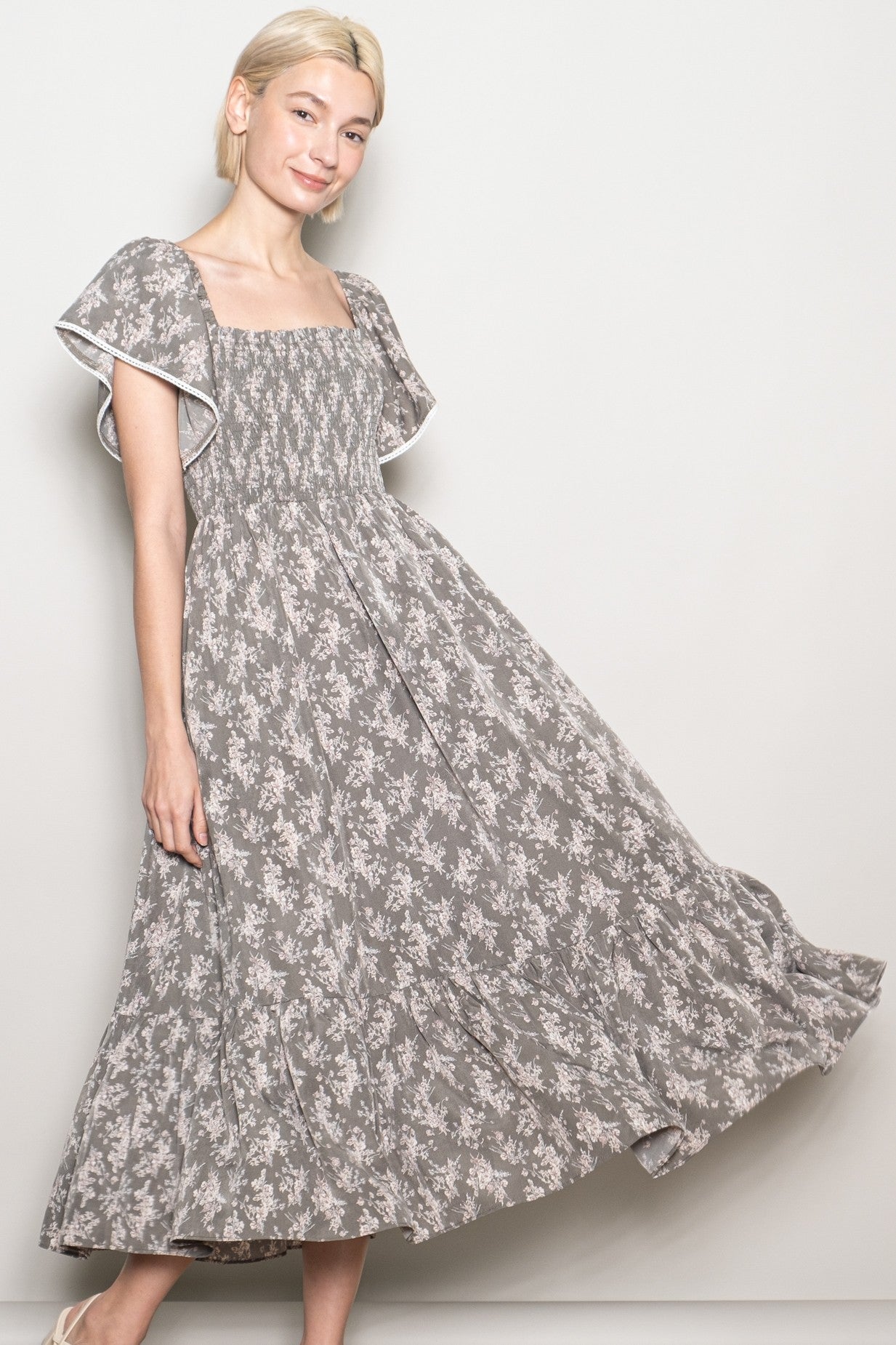 Olive Floral Smocked Lace Trim Flutter Sleeve Maternity Midi Dress