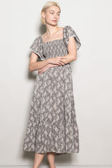 Olive Floral Smocked Lace Trim Flutter Sleeve Midi Dress