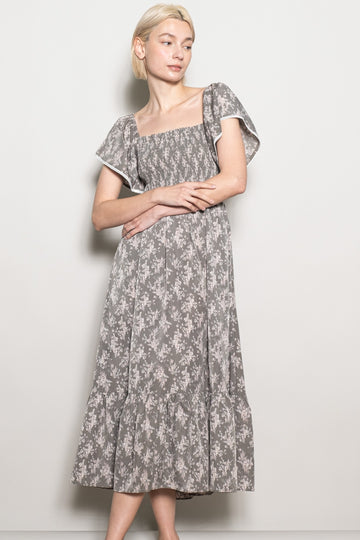 Olive Floral Smocked Lace Trim Flutter Sleeve Midi Dress