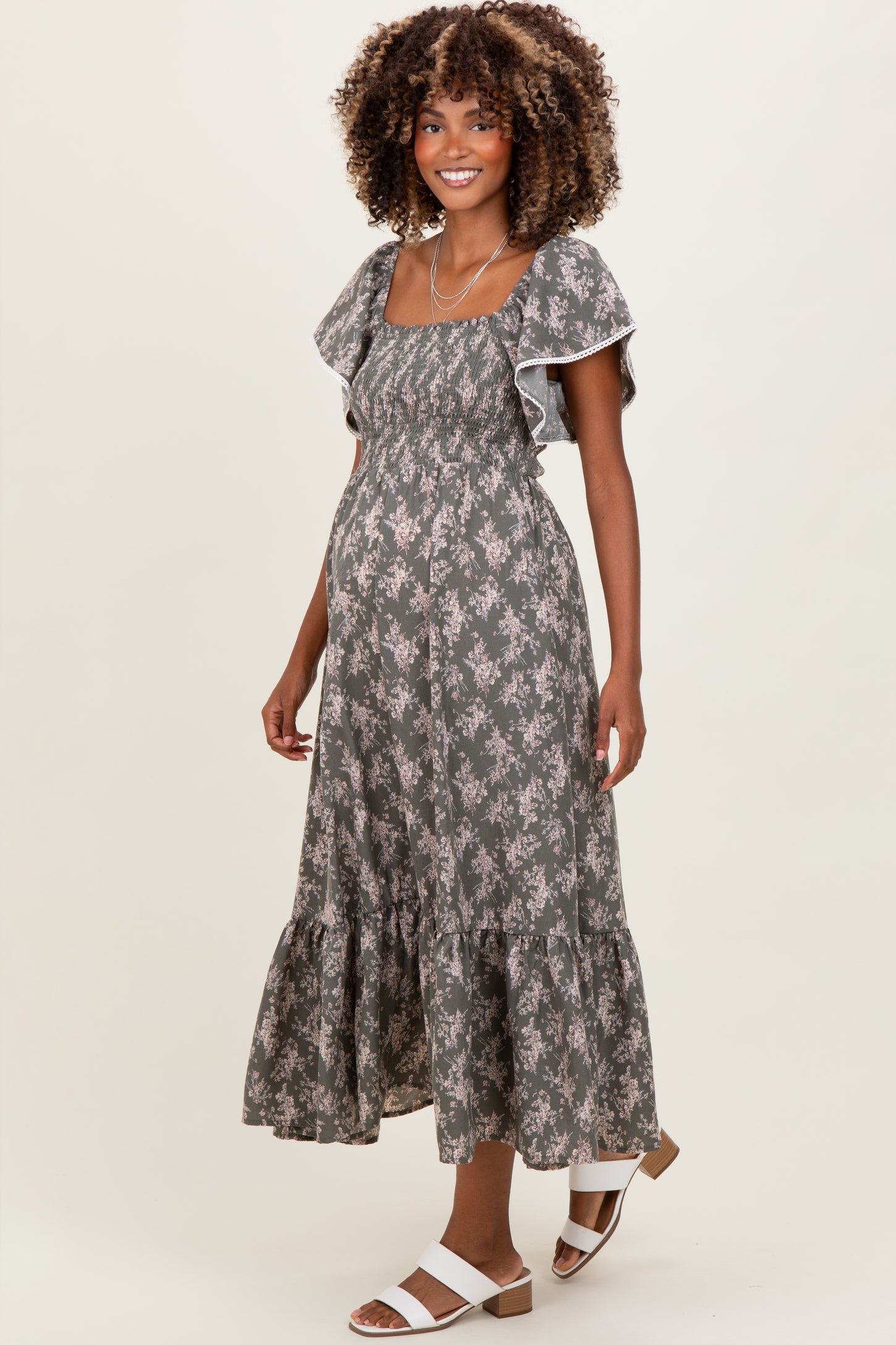 Olive Floral Smocked Lace Trim Flutter Sleeve Maternity Midi Dress