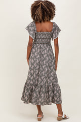 Olive Floral Smocked Lace Trim Flutter Sleeve Maternity Midi Dress