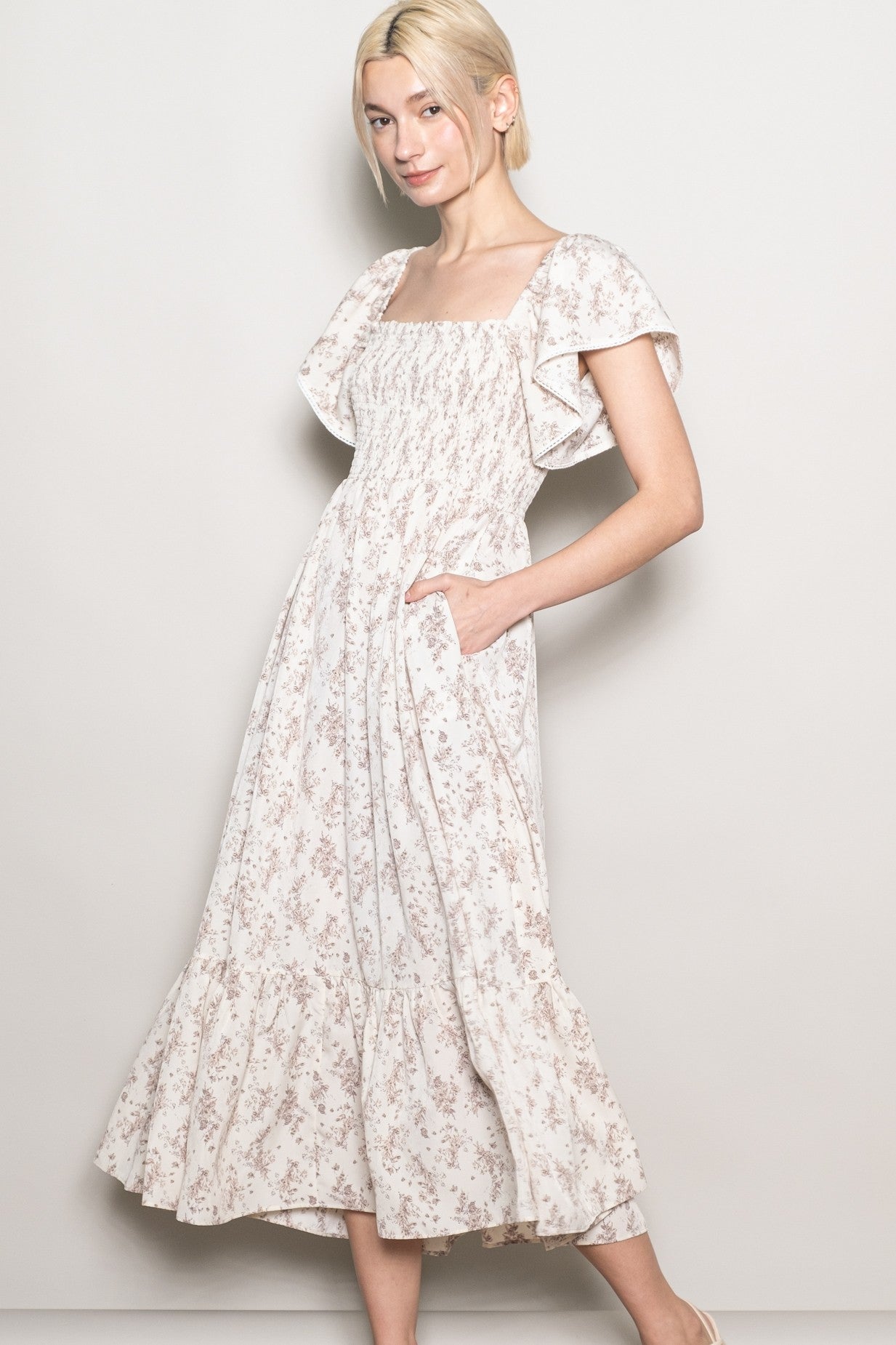Cream Floral Smocked Lace Trim Flutter Sleeve Midi Dress
