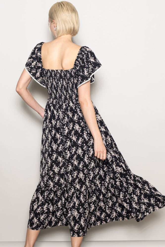 Black Floral Smocked Lace Trim Flutter Sleeve Midi Dress