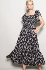 Black Floral Smocked Lace Trim Flutter Sleeve Midi Dress