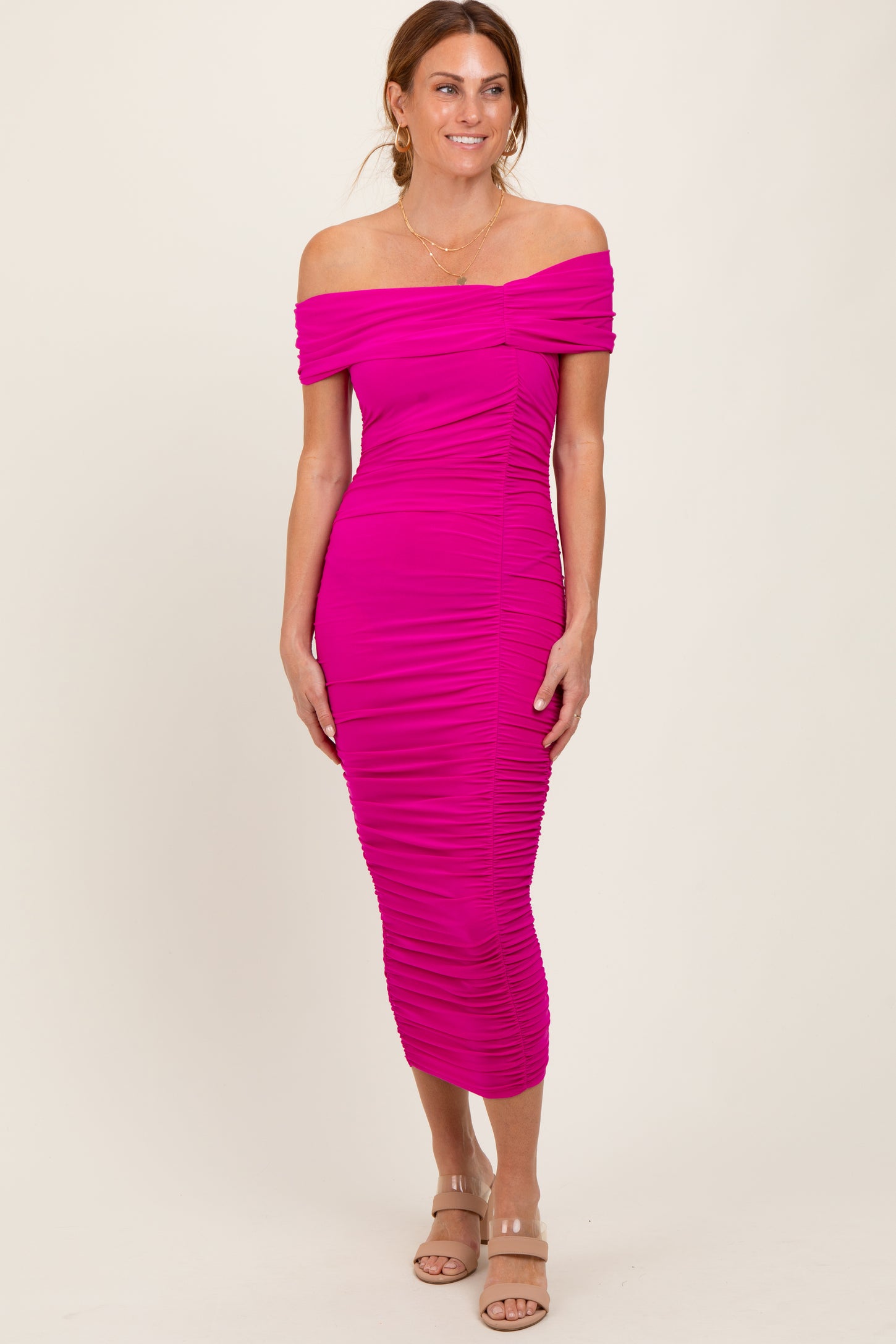 Fuchsia Off Shoulder Ruched Midi Dress
