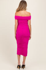 Fuchsia Off Shoulder Ruched Maternity Midi Dress