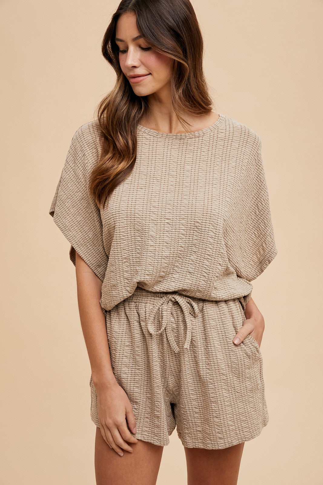 Taupe Textured Knit Dolman Sleeve Top Shorts Maternity Set