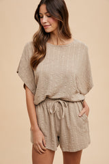 Taupe Textured Knit Dolman Sleeve Top Shorts Set