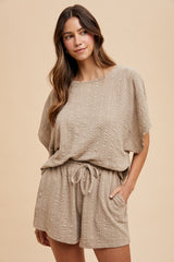 Taupe Textured Knit Dolman Sleeve Top Shorts Set