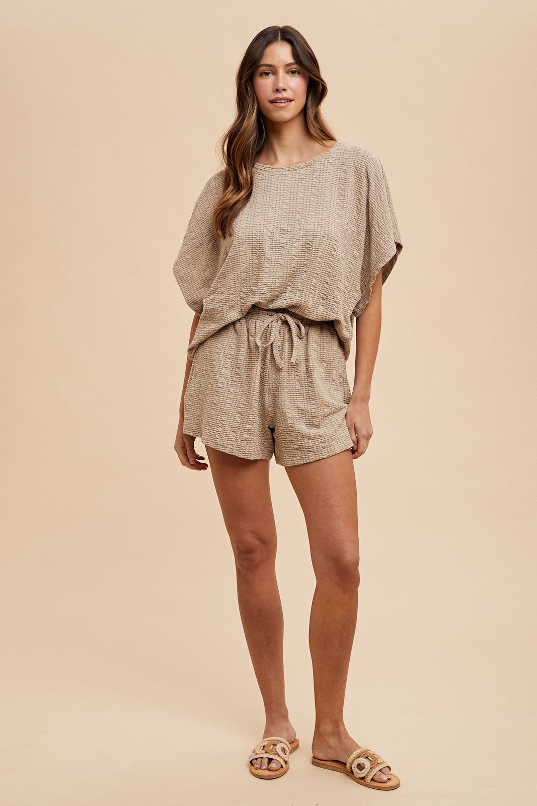 Taupe Textured Knit Dolman Sleeve Top Shorts Set