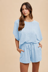Light Blue Textured Knit Dolman Sleeve Top Shorts Set