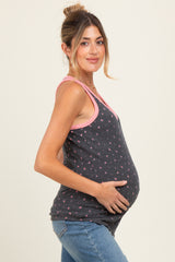 Charcoal Floral Ribbed Contrast Trim Maternity Tank Top