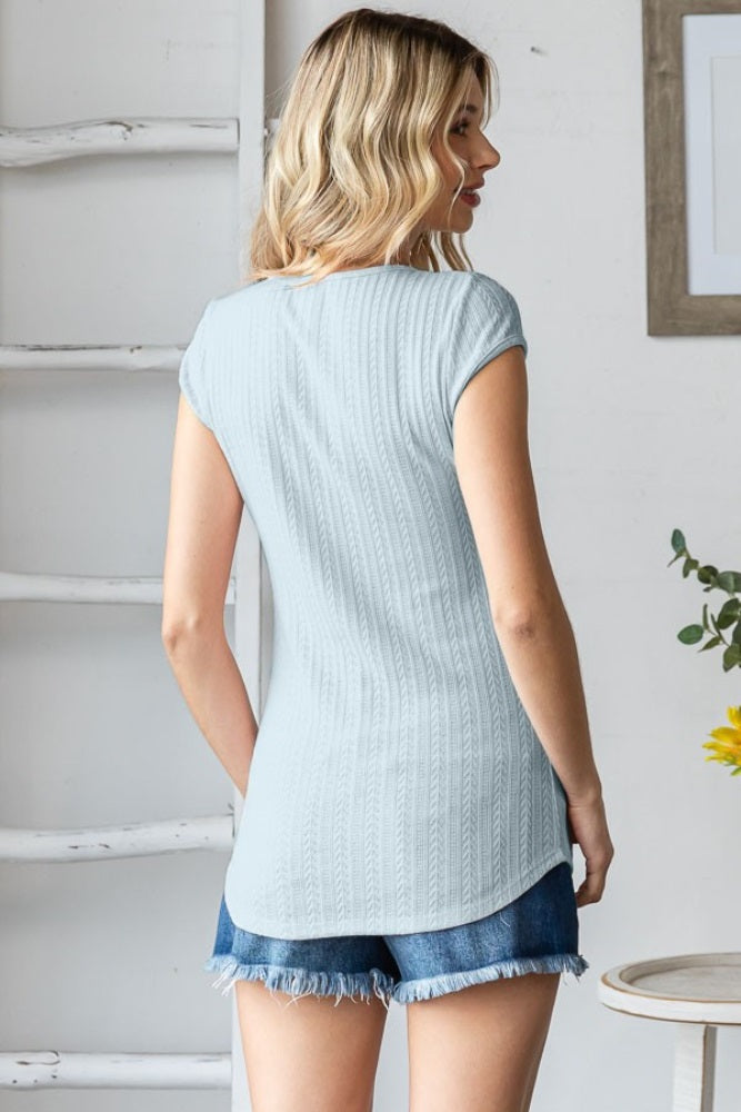 Sky Blue Jacquard Button Front Short Sleeve Top