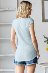 Sky Blue Jacquard Button Front Short Sleeve Top