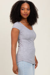 Heather Grey Jacquard Button Front Short Sleeve Top