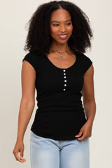 Black Jacquard Button Front Short Sleeve Top