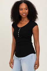 Black Jacquard Button Front Short Sleeve Top