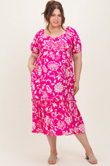 Fuchsia Floral Sweetheart Neckline Maternity Plus Midi Dress