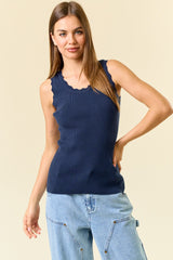Navy Knit Scalloped Detail Tank Top