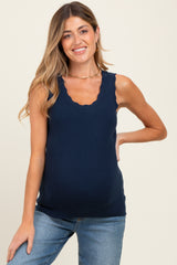 Navy Knit Scalloped Detail Maternity Tank Top