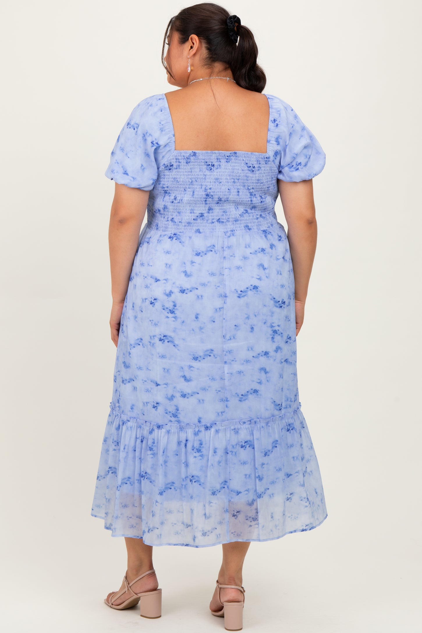 Blue Abstract Puff Sleeve Ruffle Detail Plus Midi Dress