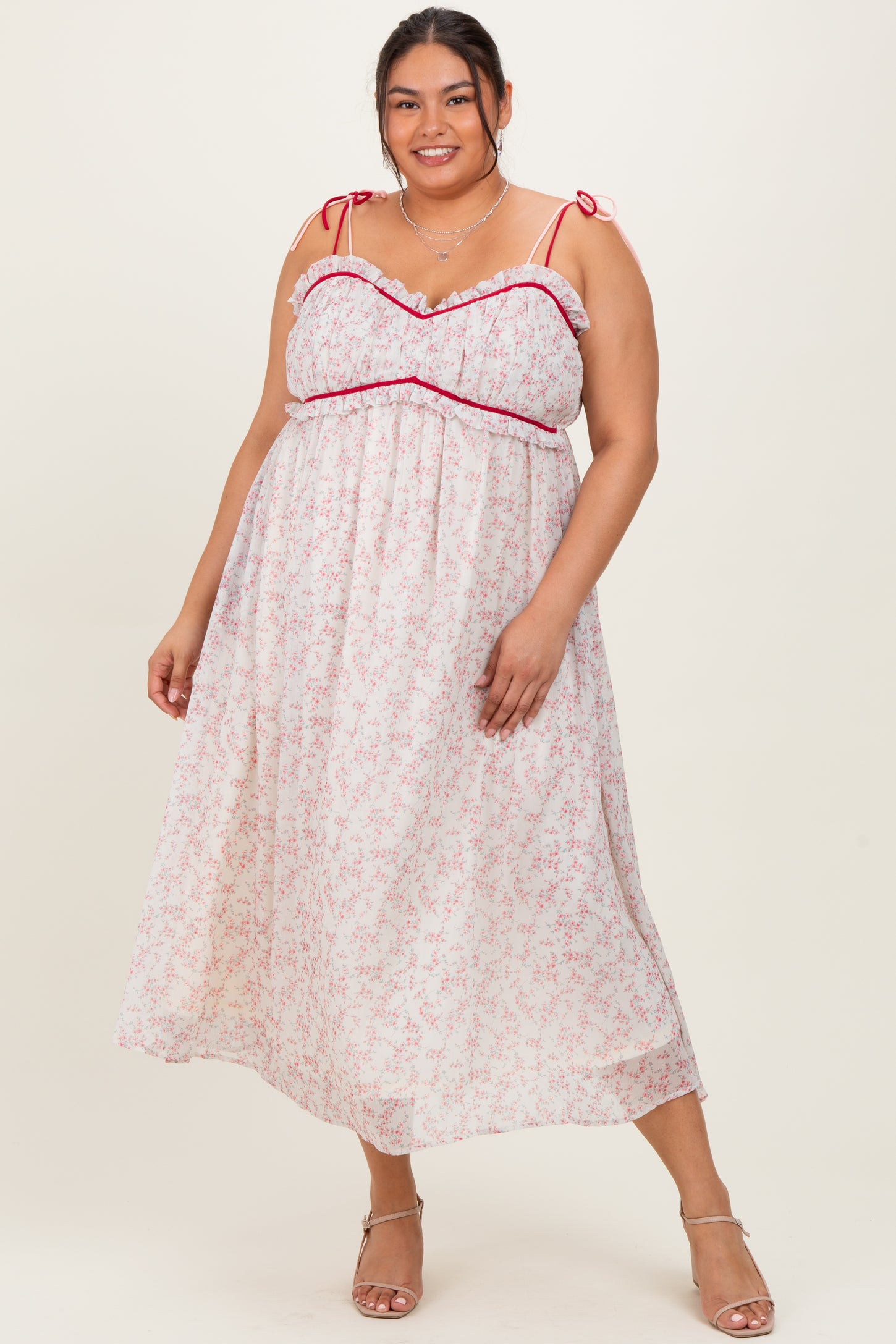 Pink Floral Ruffle Detail Shoulder Tie Maternity Plus Midi Dress