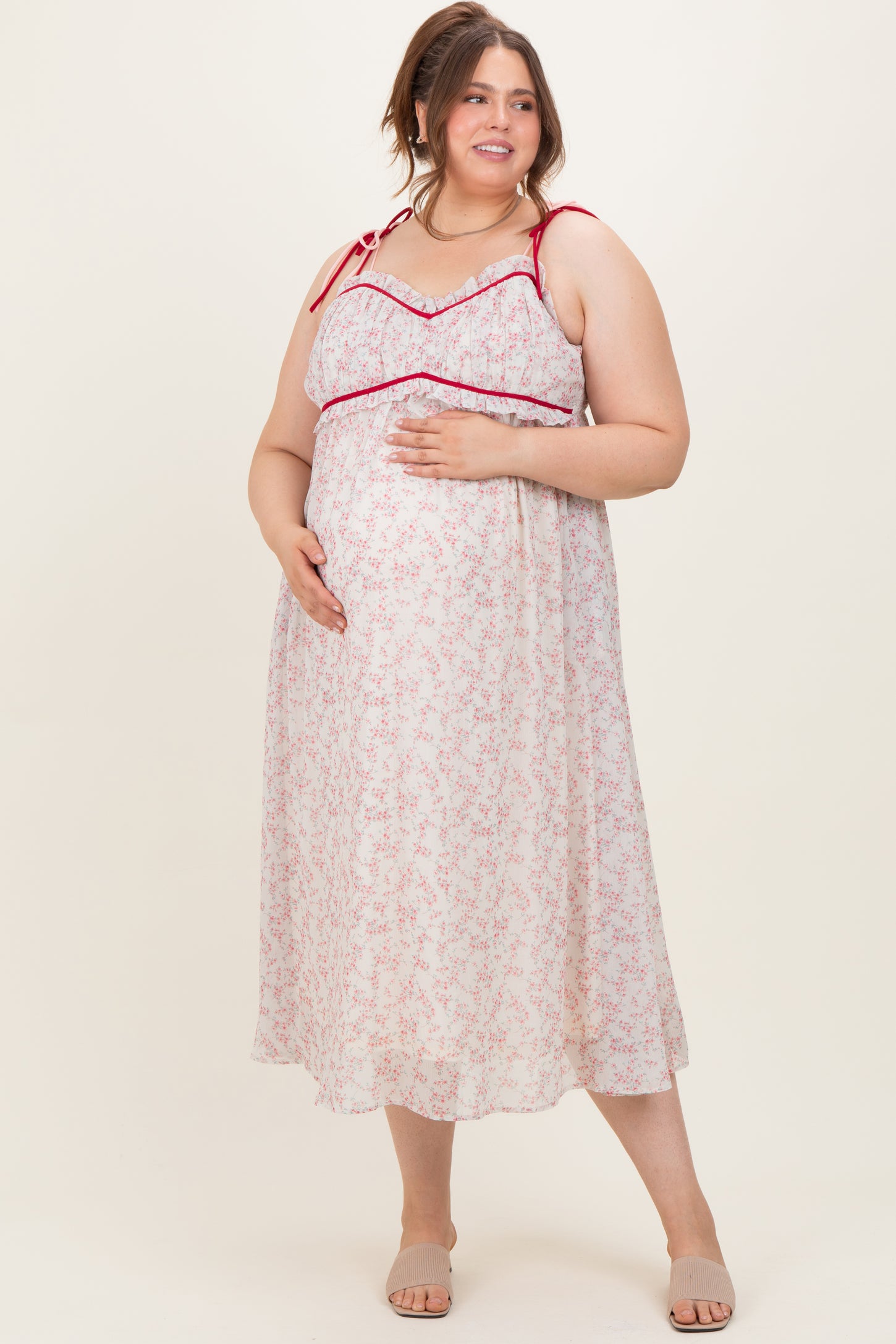 Pink Floral Ruffle Detail Shoulder Tie Maternity Plus Midi Dress