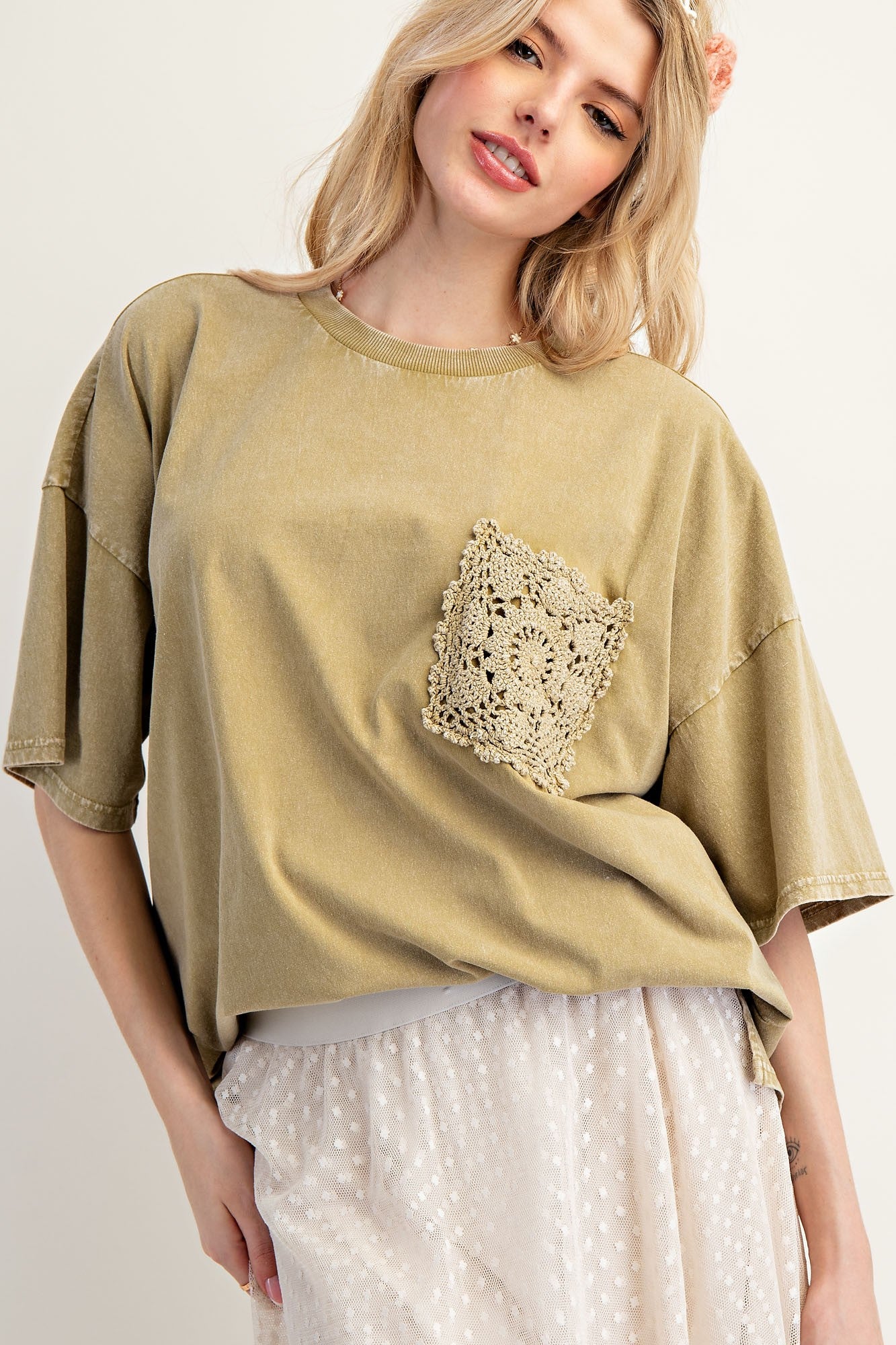 Olive Mineral Wash Crochet Pocket Top