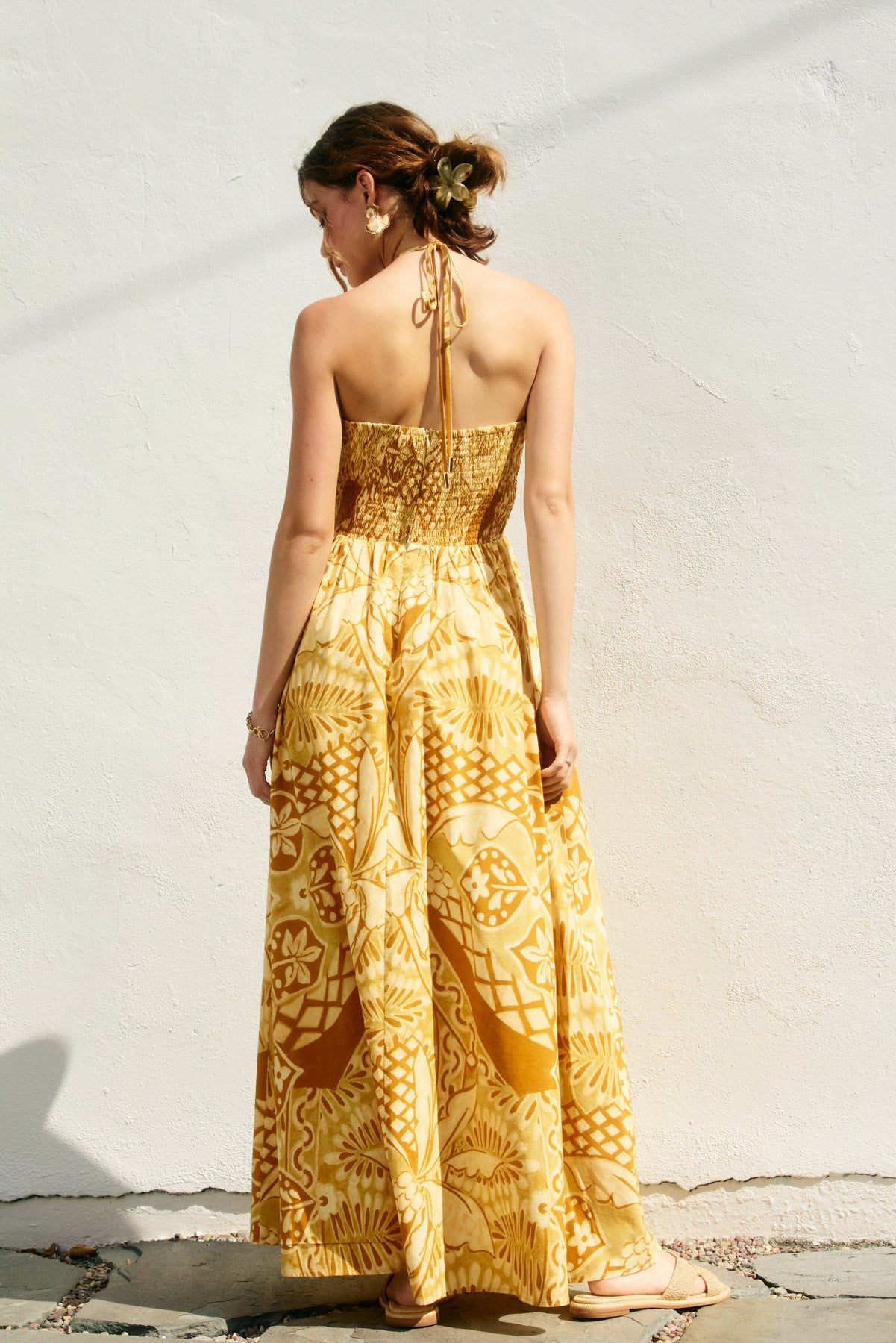 Yellow Printed Cutout Halter Maxi Dress