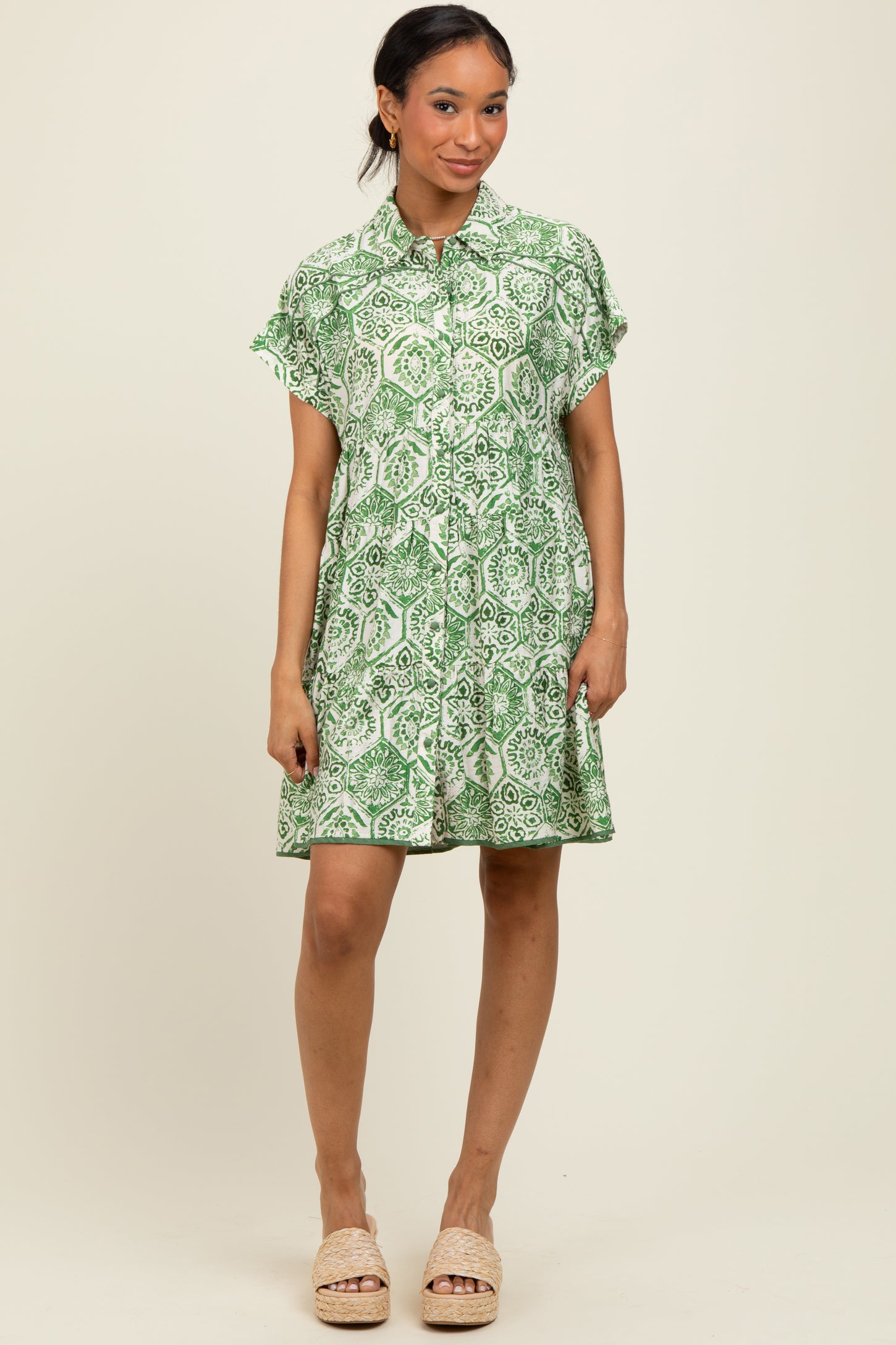 Green Damask Tiered Short Sleeve Shirt Dress