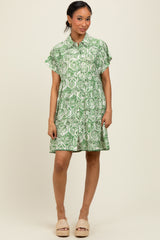 Green Damask Tiered Short Sleeve Shirt Dress