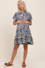 Navy Damask Tiered Short Sleeve Maternity Shirt Dress