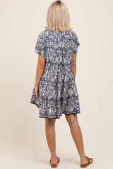 Navy Damask Tiered Short Sleeve Maternity Shirt Dress