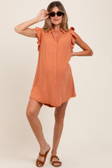 Peach Fringe Detail Ruffle Sleeve Maternity Shirt Dress