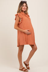 Peach Fringe Detail Ruffle Sleeve Maternity Shirt Dress