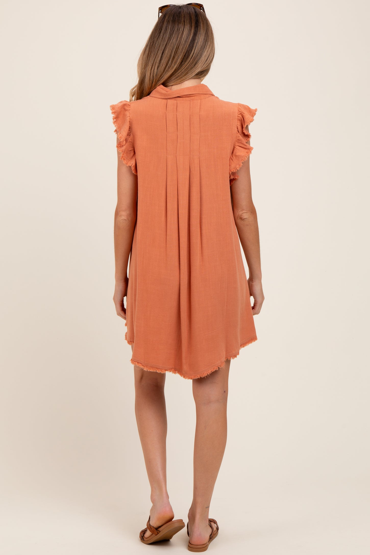 Peach Fringe Detail Ruffle Sleeve Maternity Shirt Dress