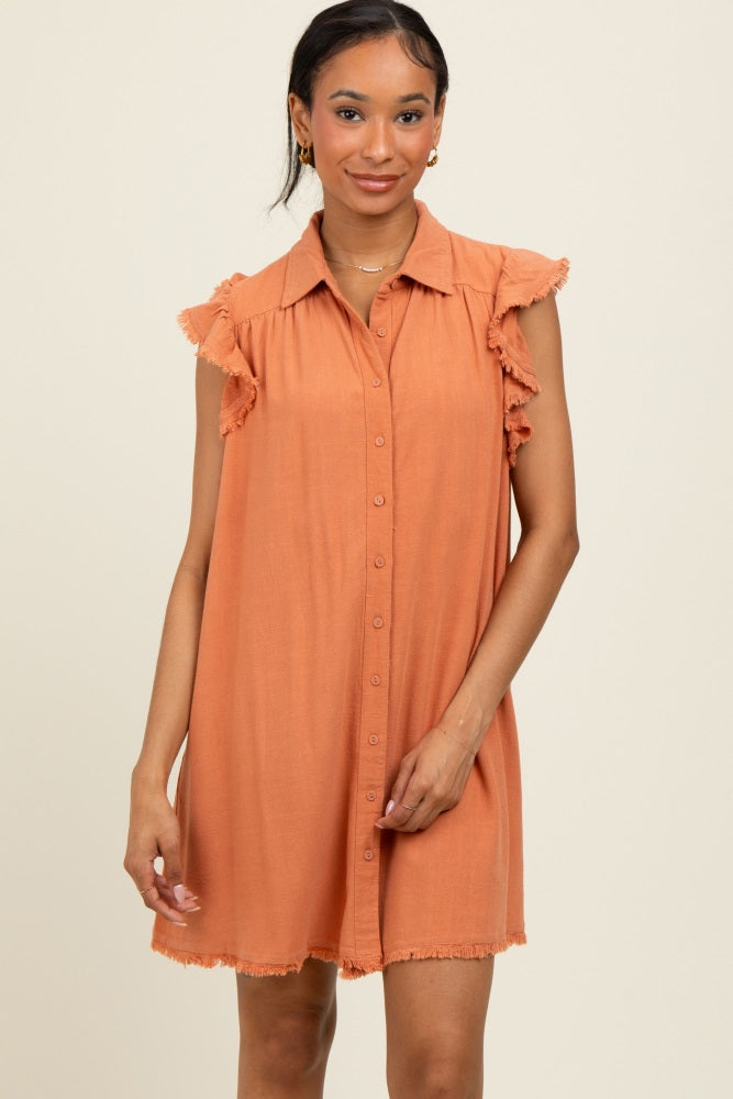 Peach Fringe Detail Ruffle Sleeve Shirt Dress
