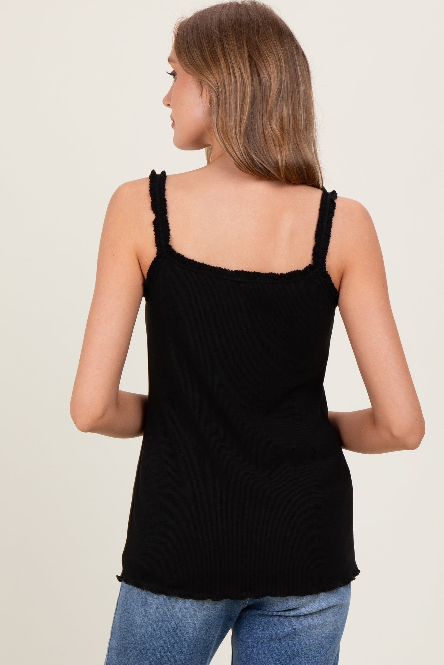 Black Lace-Trim Ribbed Tank Top